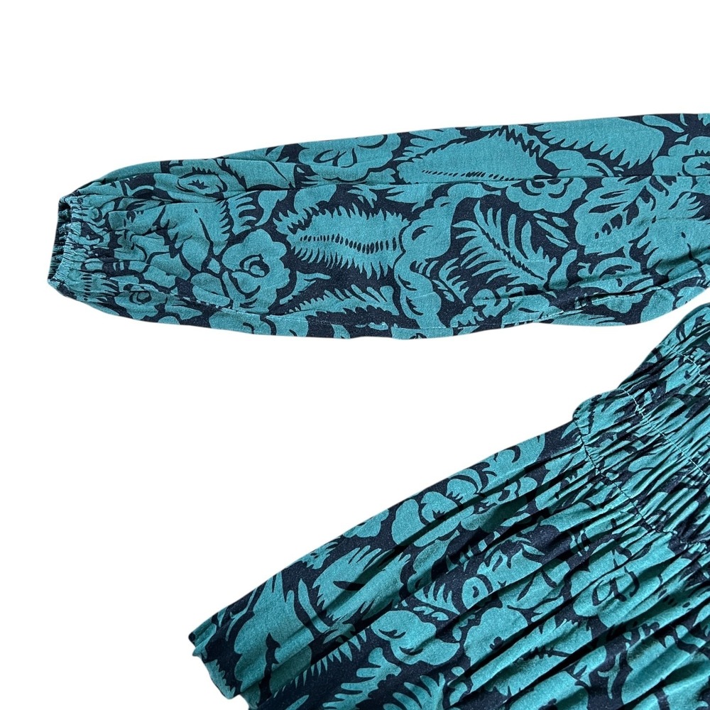 Boden Floral Smocked Dress Sz 12 Green Black Midi Long Sleeve Boho Cottage - Picture 4 of 8
